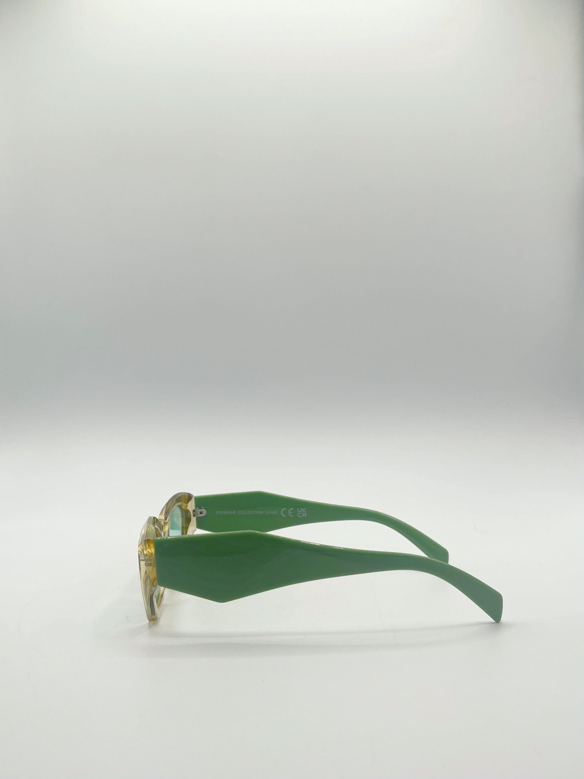 SVNX Angular Cat-Eye Sunglasses in Brown with Green Arms