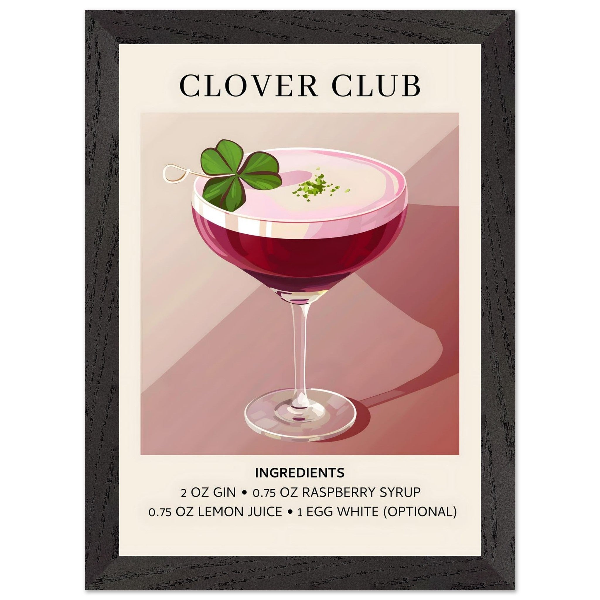 Artfulprints Poster met Lijst Clover Club cocktail - Ingrediënten  - A4 21x29.7 cm - Roze