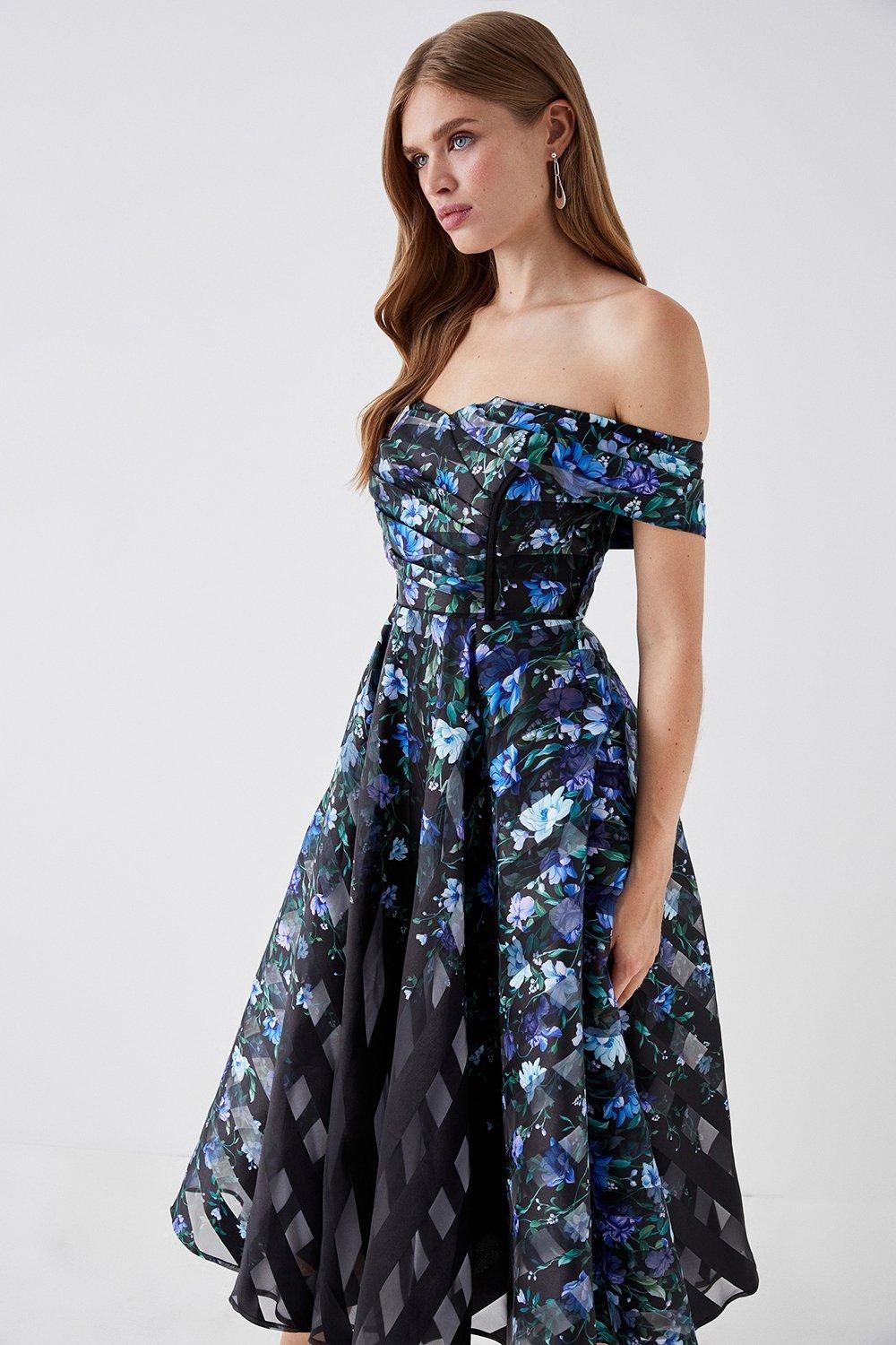 Coast Stripe Organza Pleated Top Floral Print Midi Dress