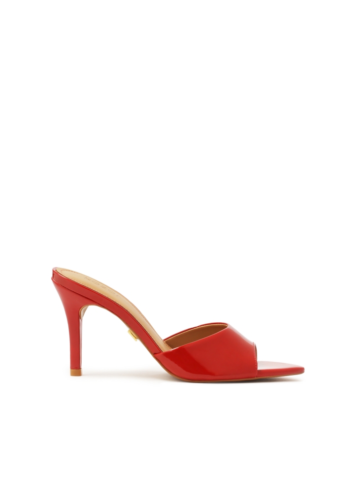 Red patent leather heeled mules