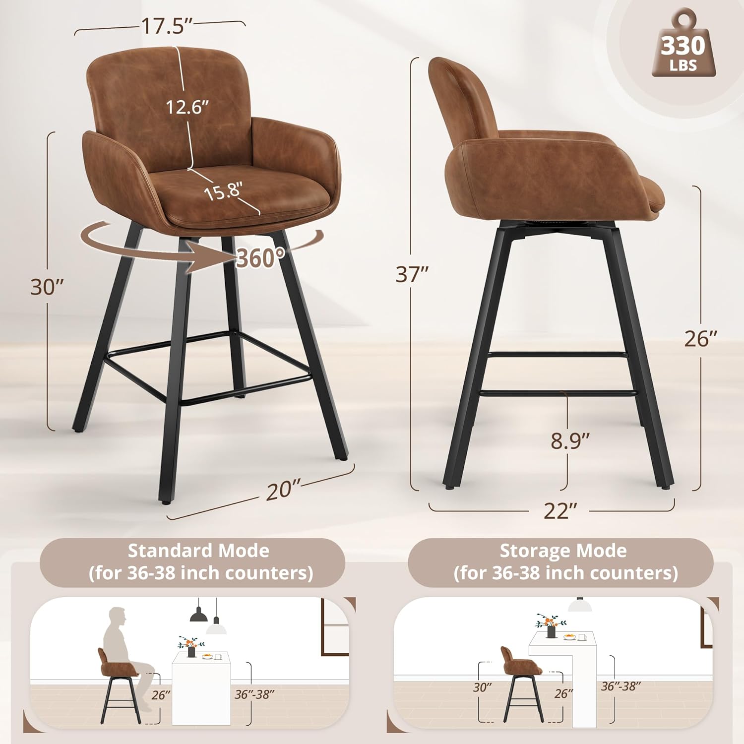 LUE BONA 26 Swivel Bar Stools Set of 6, Counter Height Bar Stools with Backrest and Arms, Modern Upholstered Barstools with Metal Legs for Kitchen Island, Brown