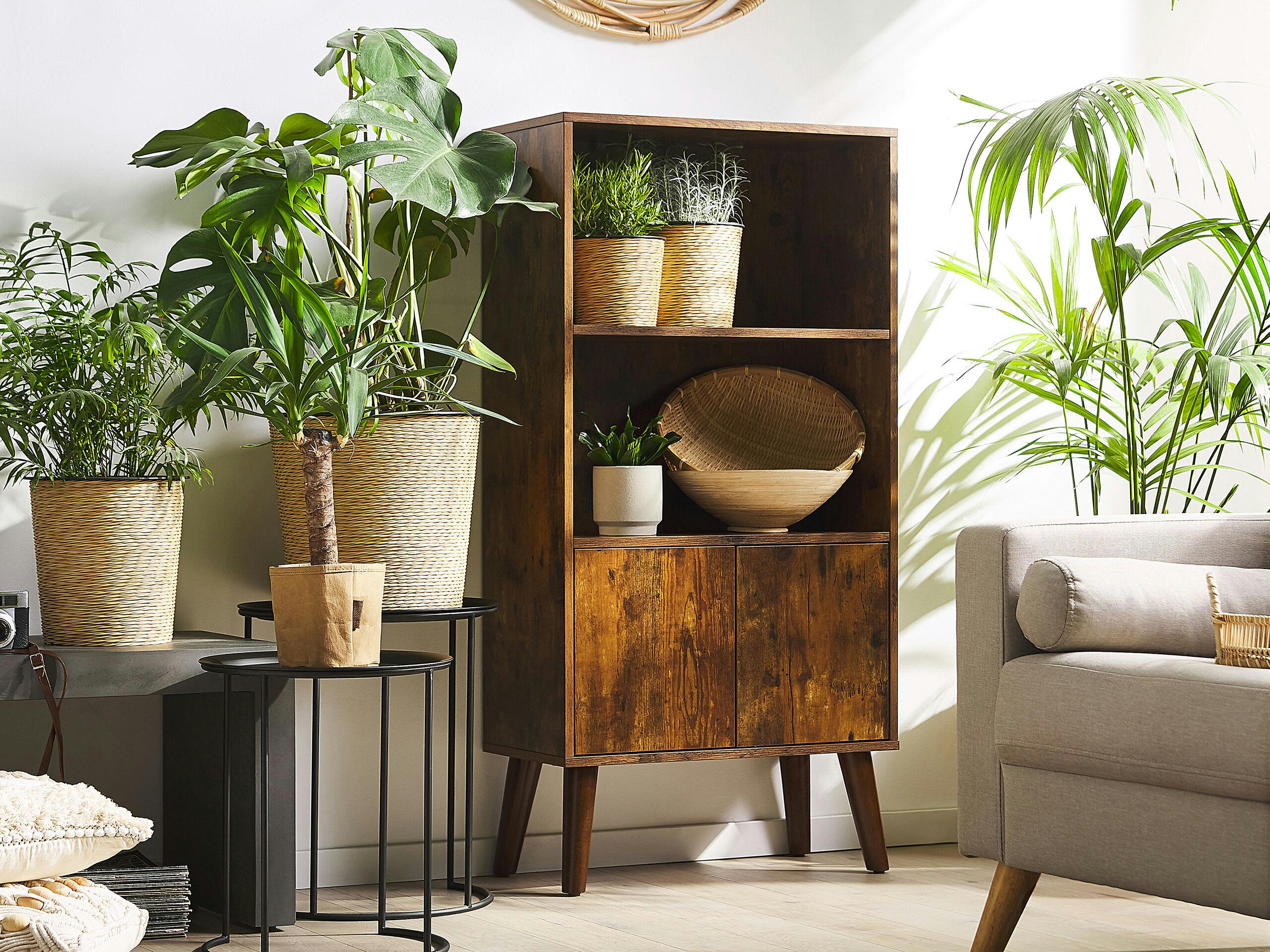 VICOSA - Bibliothèque avec 2 niveaux et portes effet bois foncé