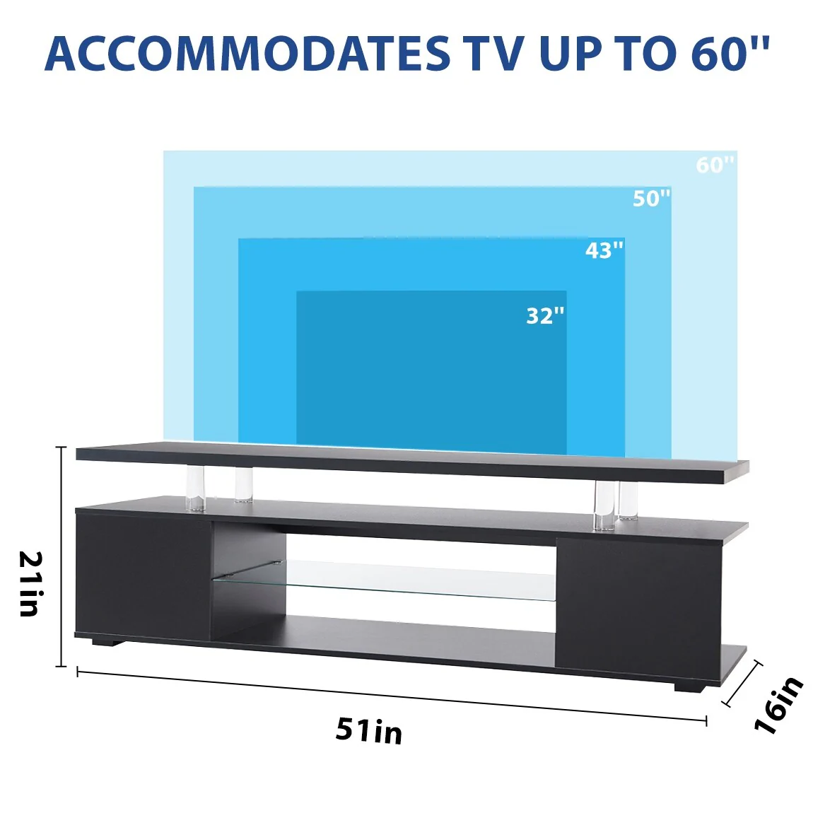 Black 51.18 Media TV Stand with Multi Colored LED Lights and Open Storage Space for 70 TV