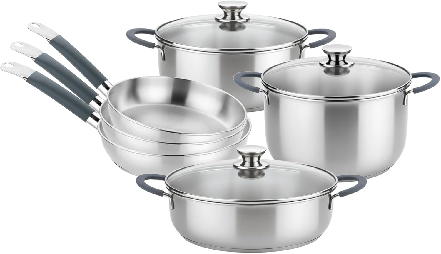 BRA COOKWARE Master 9-Piece Stainless Steel Cookware Set | Professional Pots & Pans Set w/ 2 Pots, 1 Sauté Pan, 3 Frying Pans, 3 Lids | All Stovetops | PFAS Free | Silicone Coated Handles