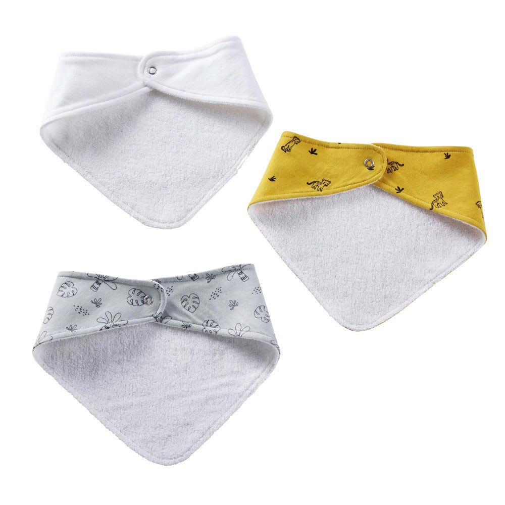 - Bavoirs bandanas en coton bleu, noir, blanc et jaune moutarde (x3)