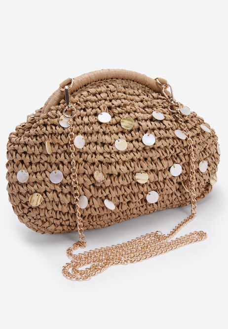 Womens Neutral Woven Shell Clutch Bag