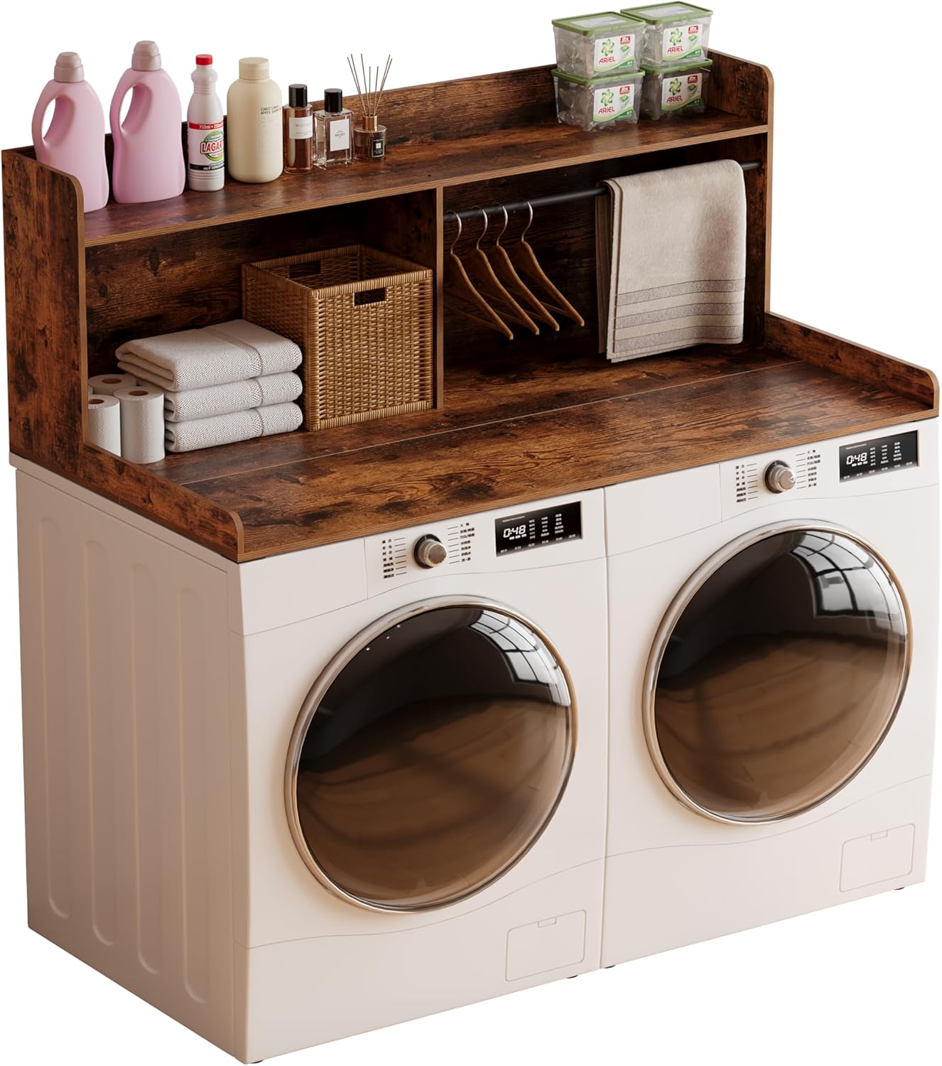 Unionly 2-Tier Washer Dryer Countertop with Clothes Rail，Laundry Topper with Edge and Non-Slip Pad for Washer and Dryer Laundry Hamper Counter Storage Organization (Rustic Brown, Full)