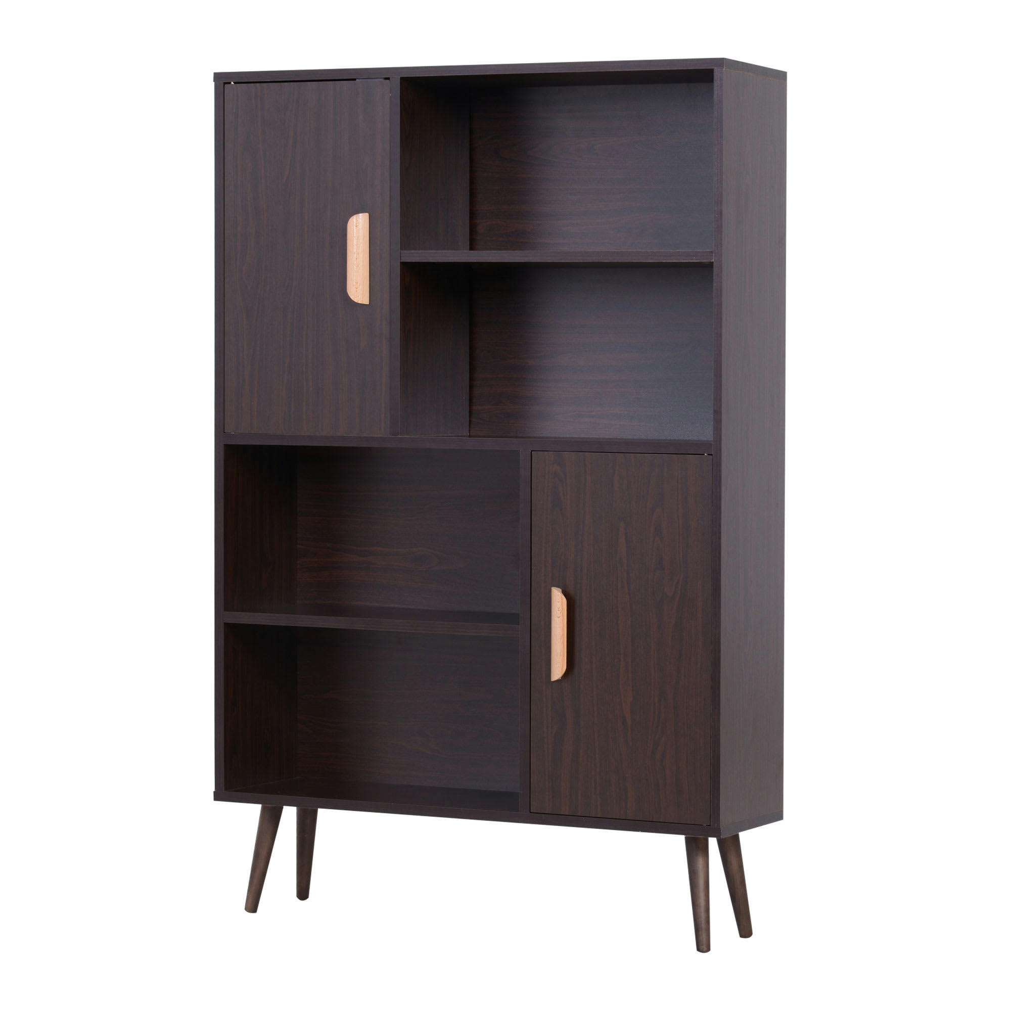 - Bibliothèque scandinave 4 niches 2 placards avec étagère aspect wengé