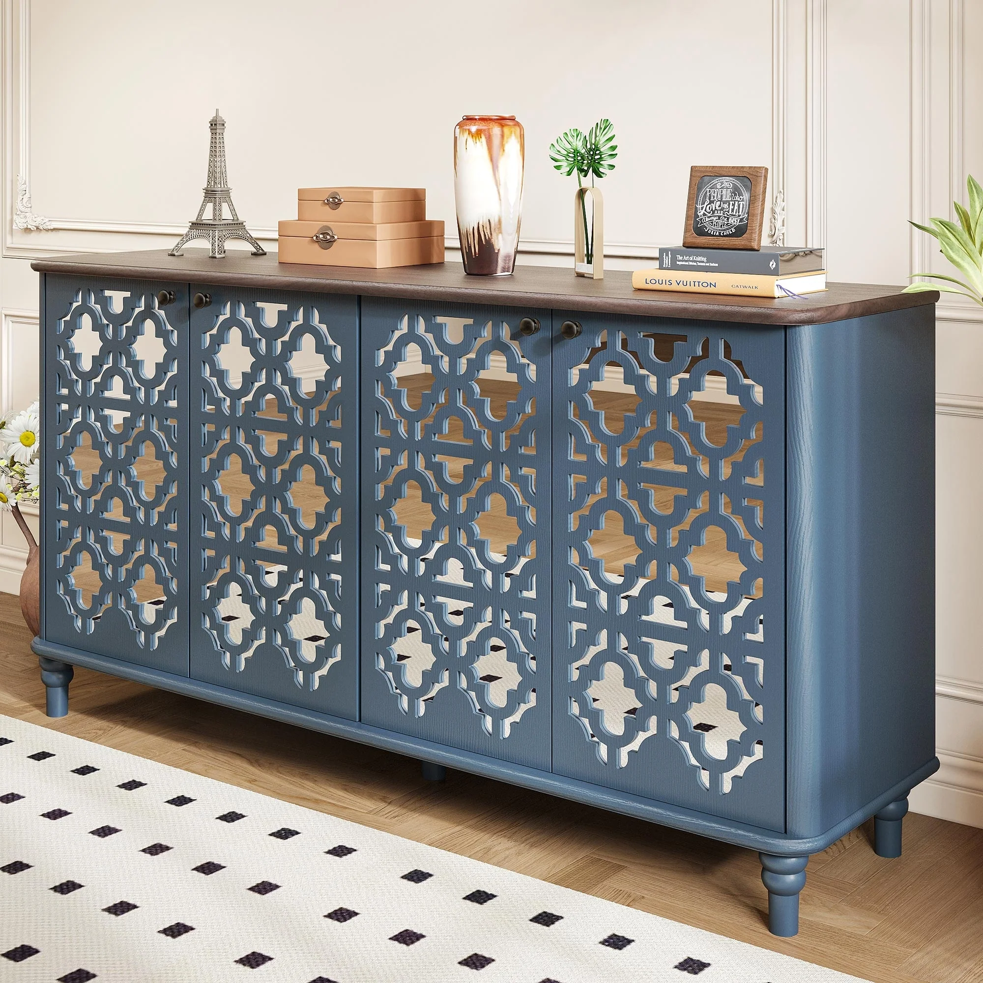 Moasis 63'' Mirrored Glass Glaze Sideboard Storage Buffet with 2 Cabinets