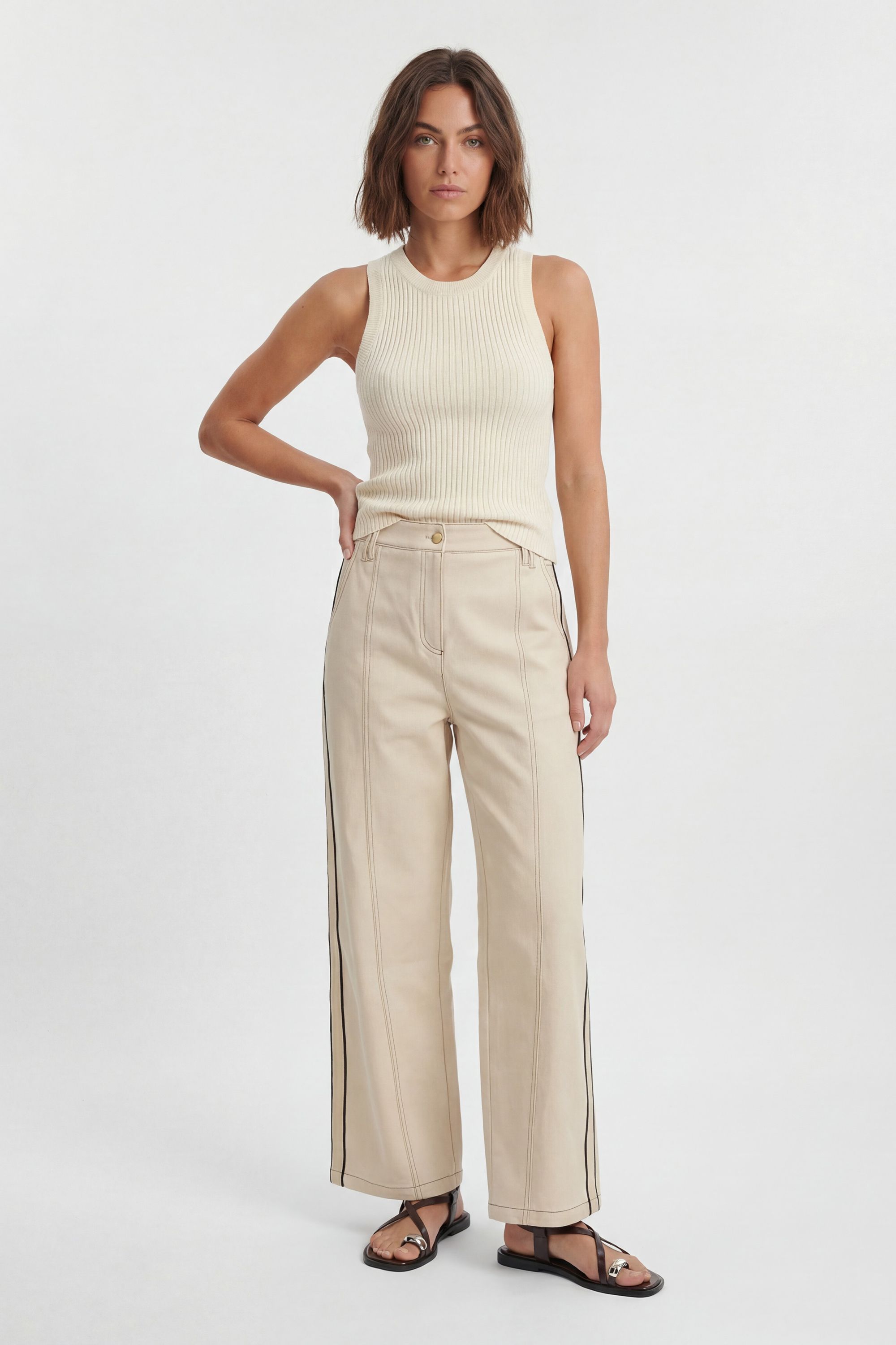 KarenMillen Tailored Military Cotton Stripe Straight Leg Trouser