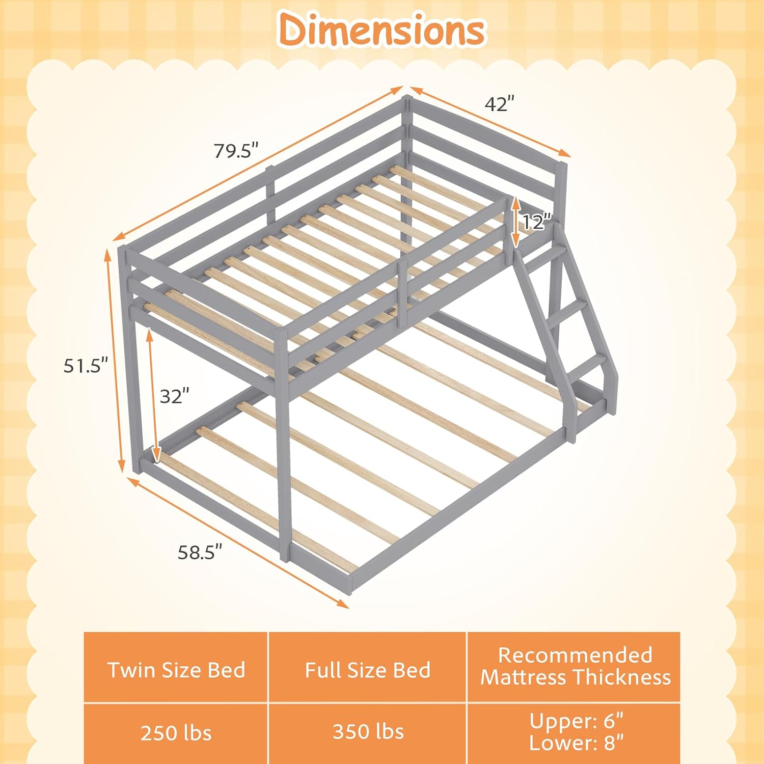 KOMFOTT Low Bunk Bed Twin Over Full, Solid Wood Twin Bed Frame with Built-in Ladder & Safety Guardrails, Space-Saving Low Bunk Bed for Kids, Teens, No Box Spring Needed