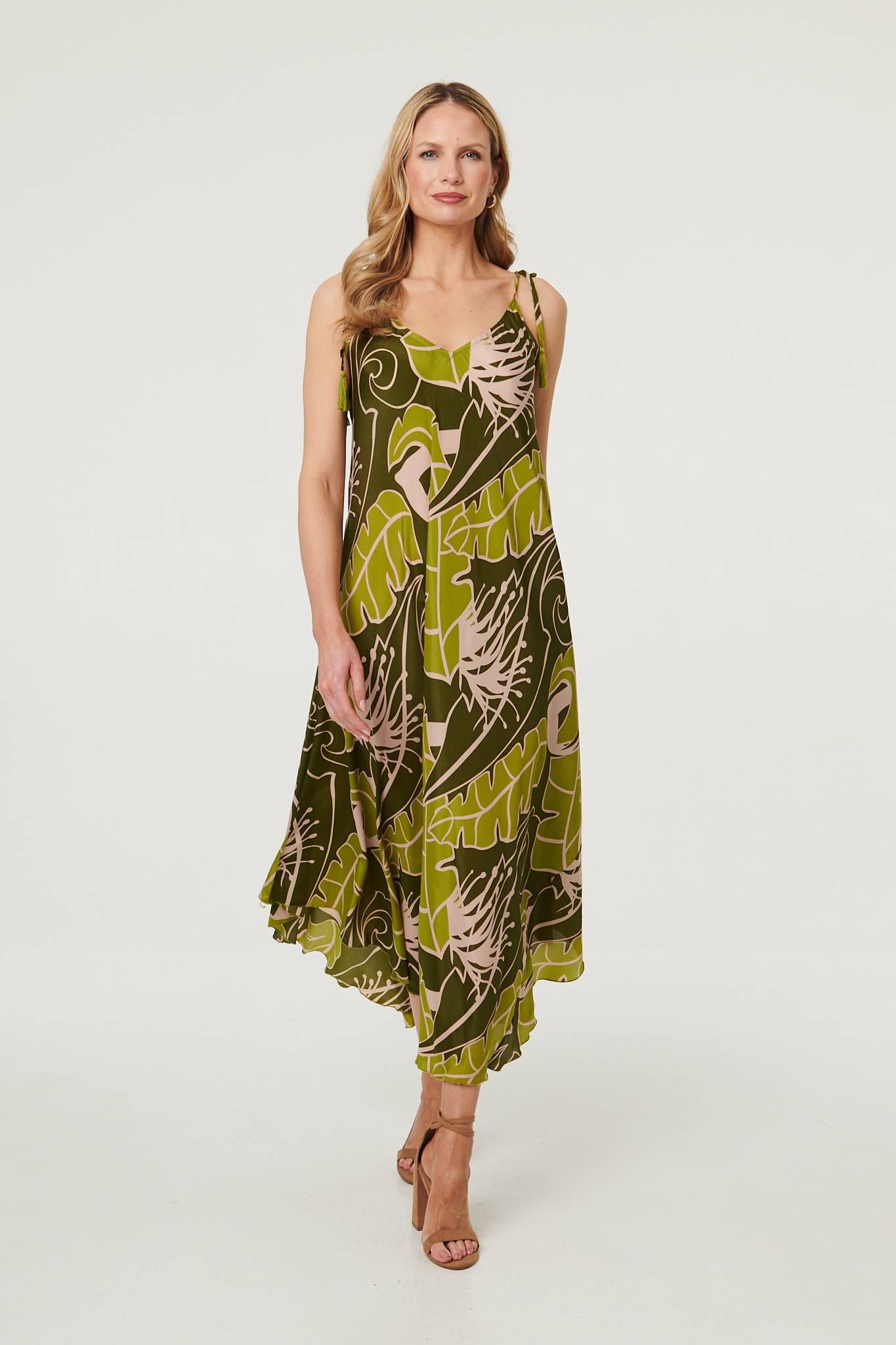 Izabel London Leaf Print Tassel Cami Strap Maxi Dress