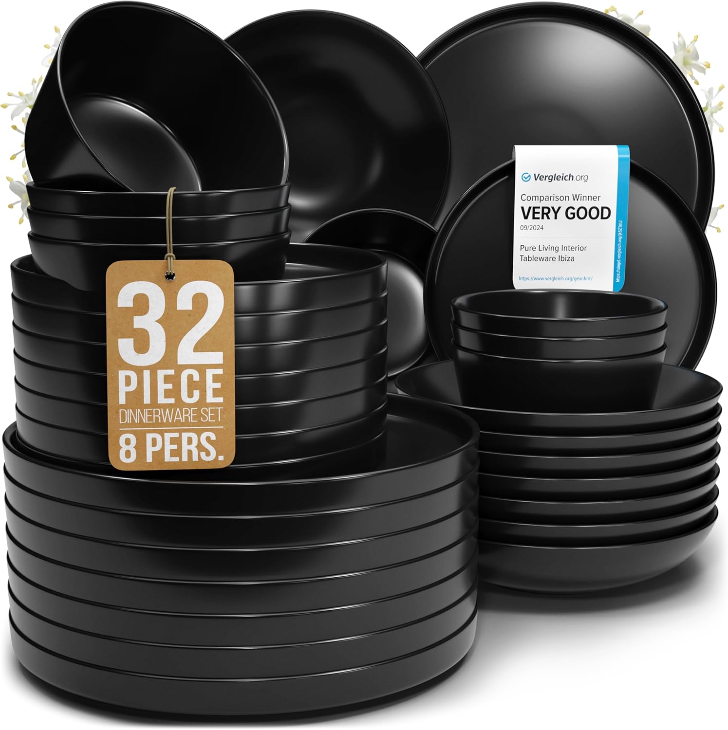 32 Piece Black Dinnerware Set for 8 | Matte Black Plates and Bowls Sets, Modern Stoneware Black Dishes Set | Scratch Resistant, Dishwasher & Microwave Safe | Matte Black Finish Ultra-Chic & Modern