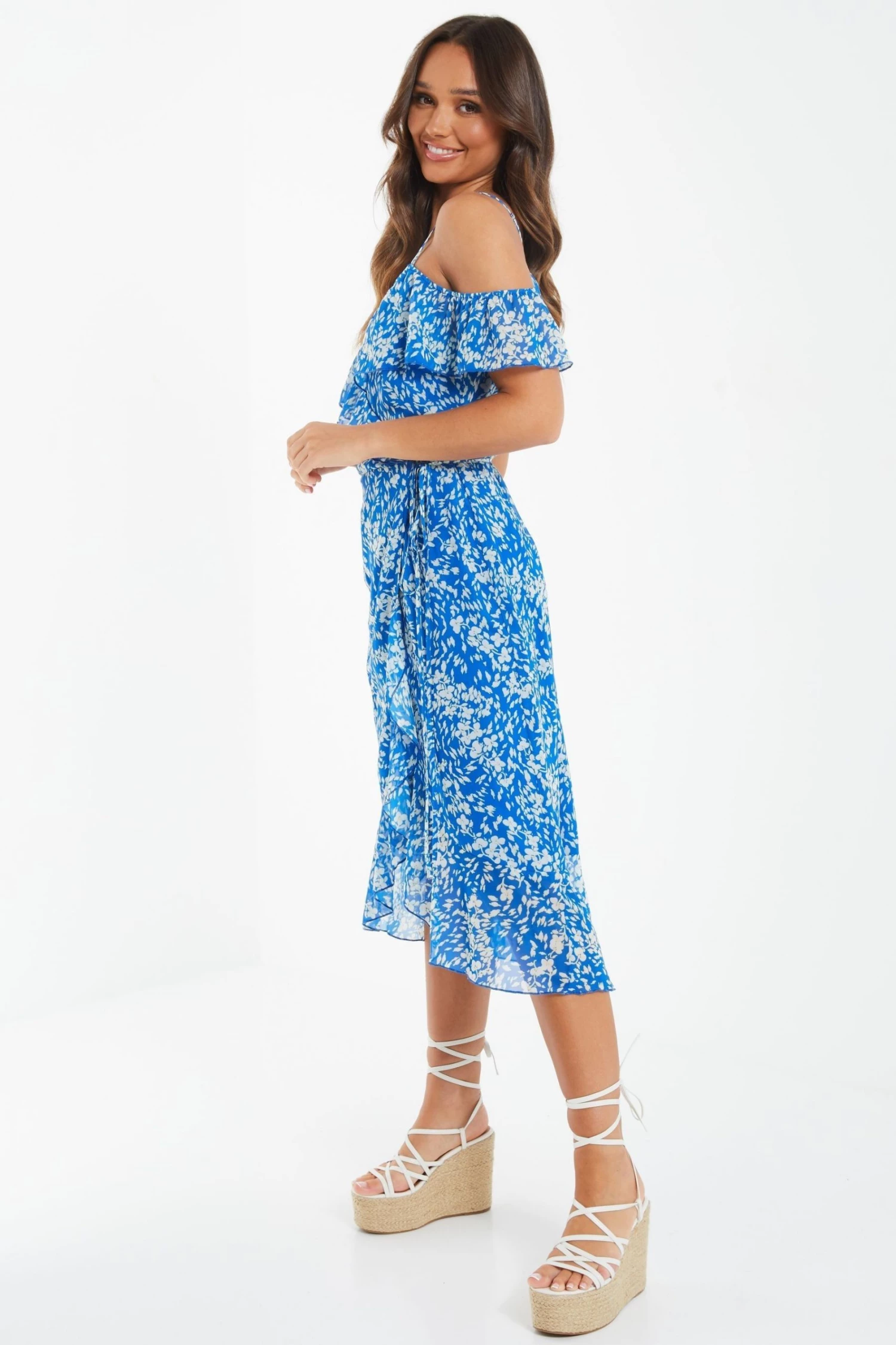 Quiz Blue Floral Cold Shoulder Midi Dress