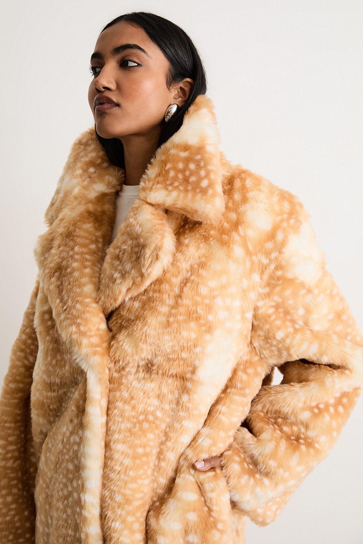 Warehouse Premium Deer Jacquard Faux Fur Coat