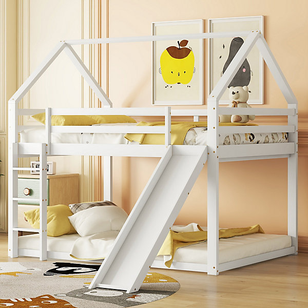 Lit Superposé 140 x 200 cm - Lit enfant avec Toboggan et échelle - Pin   MDF - Sans Matelas - Blanc