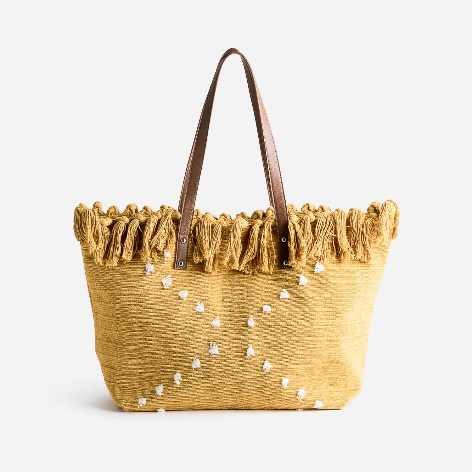 Cabas TEXTO ocre en textile tissé bordé pompons