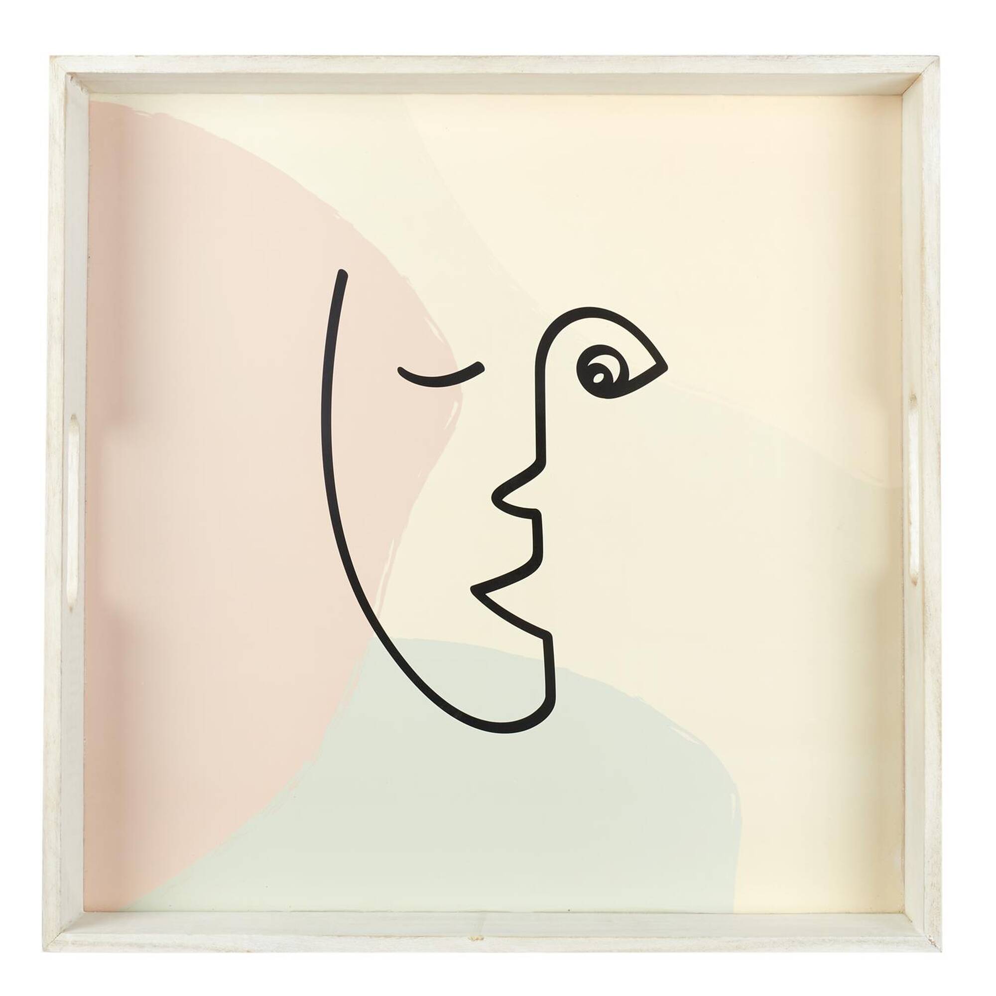 Plateau carré en bois, motif visage