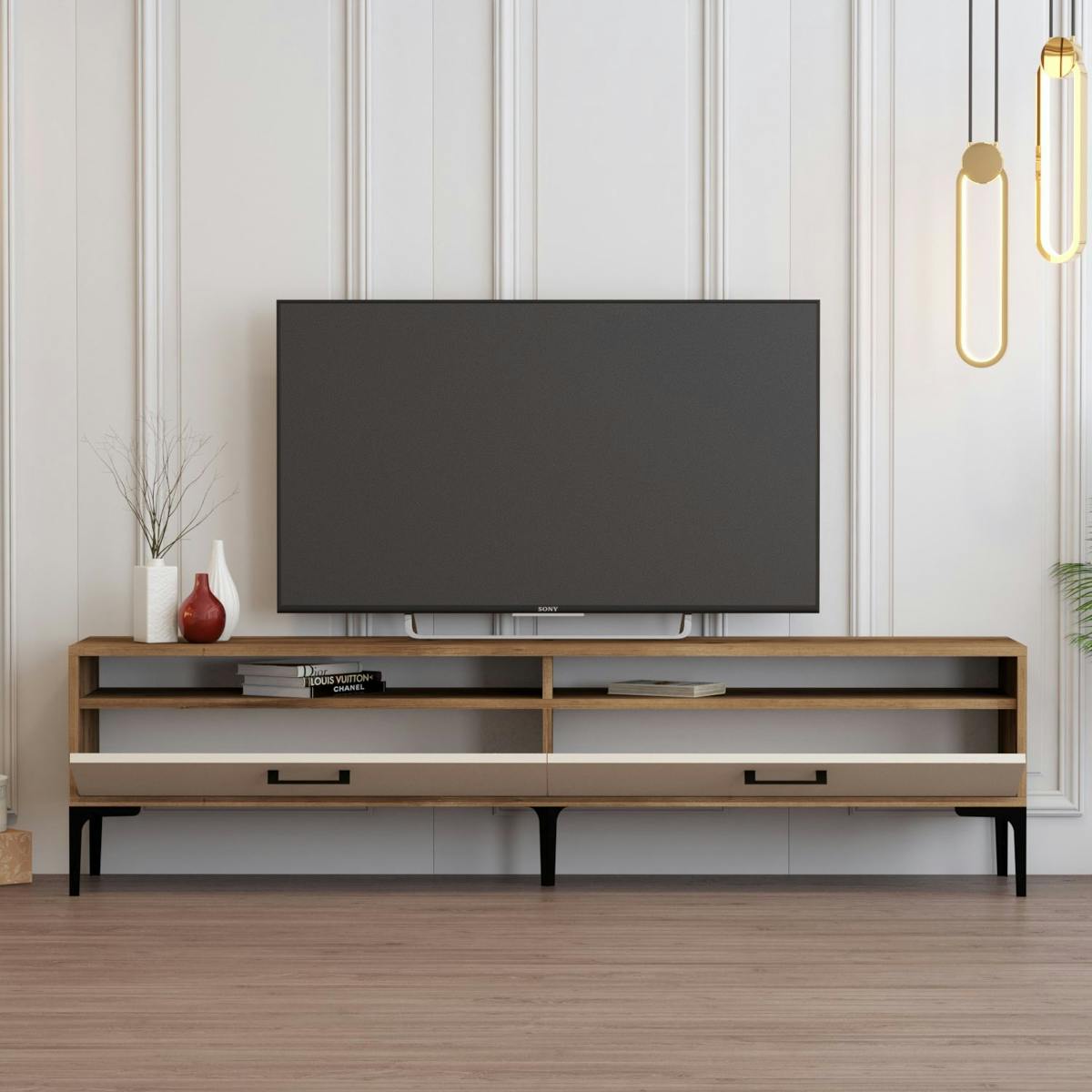 Meuble TV moderne décor bois foncé et portes crème JENA