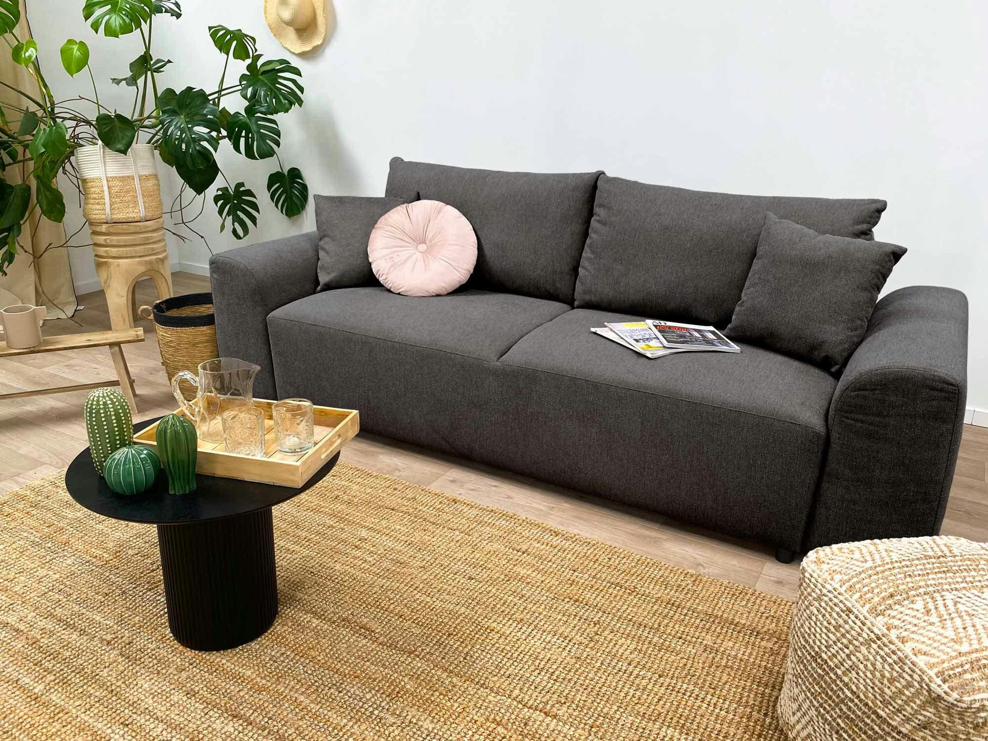 AMARYLLIS - Canapé droit convertible 3 places en tissu gris anthracite