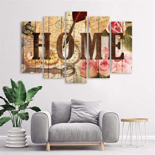 Feeby Obraz 5 częściowy Napis Home do domu vintage 100x70