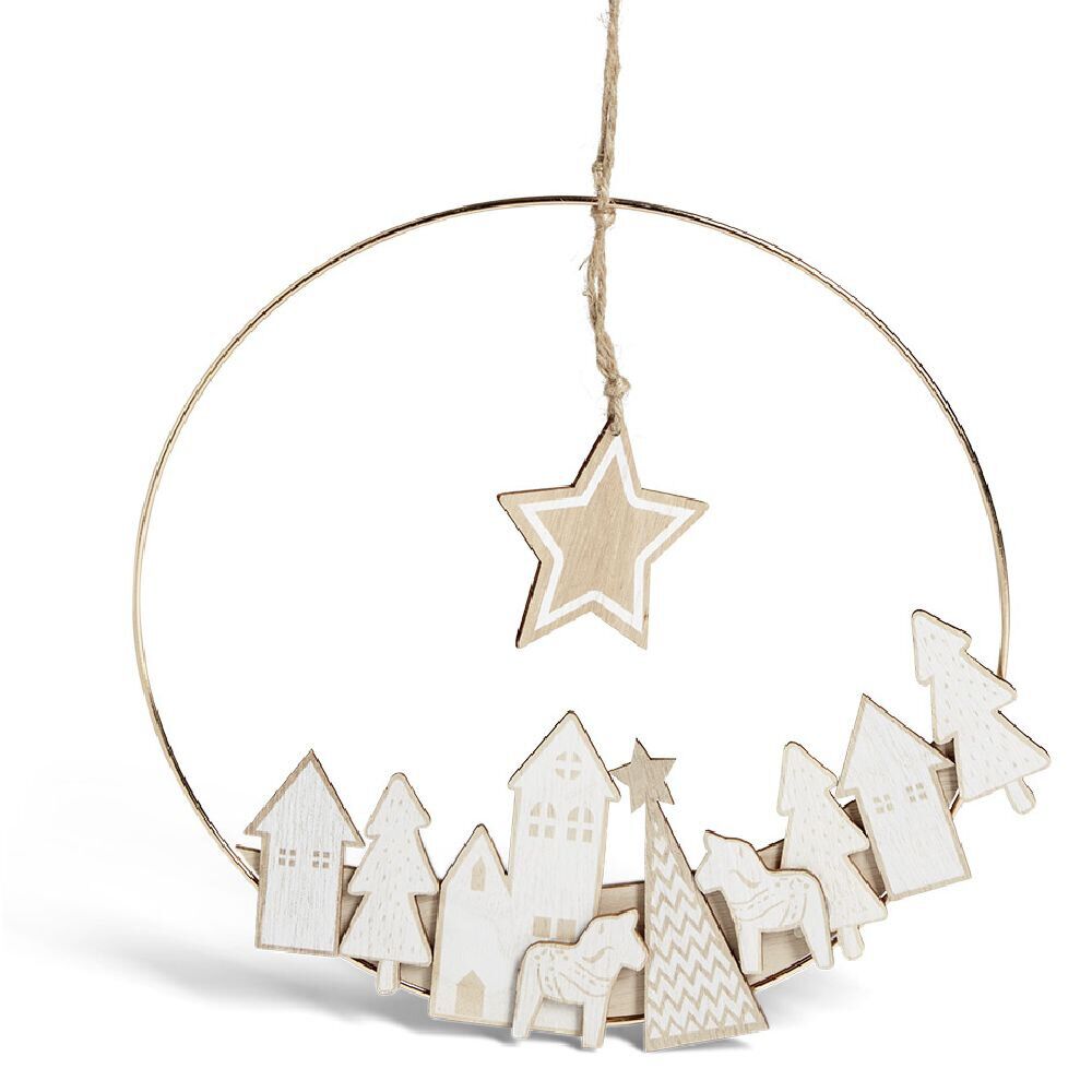 Couronne à suspendre village de No&euml;l doré