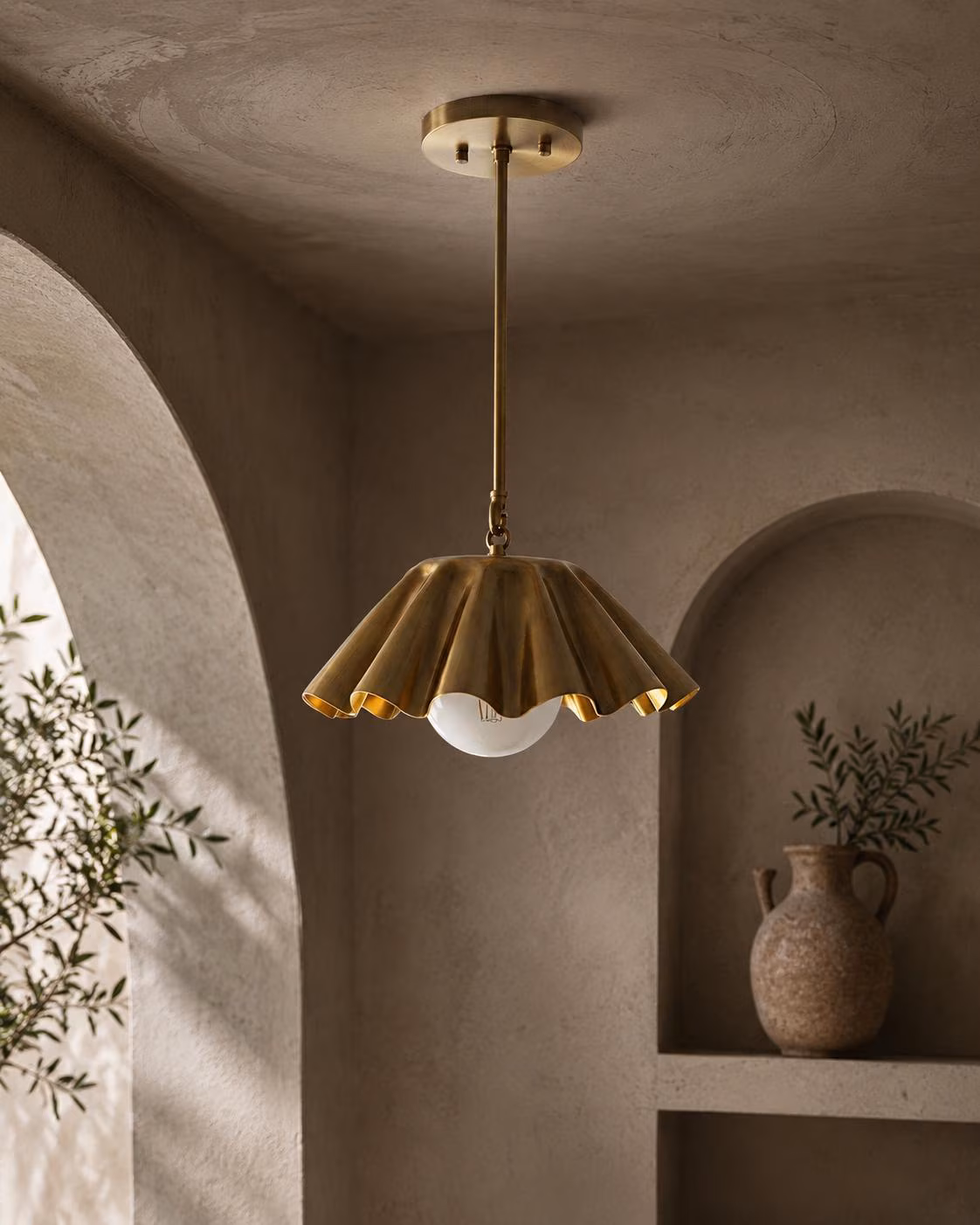 Handcrafted Brass Scalloped Pendant Light, Opal Glass Globe, Mid-Century Modern Fixture