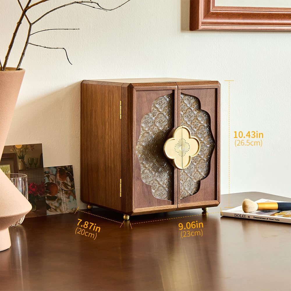 Double Door Jewelry Box - Black Walnut Wood, Velvet Lining, Gold Handle, Magnetic Closure, Handmade Storage Gifts for Mom, Mothers Day | 5-Layer