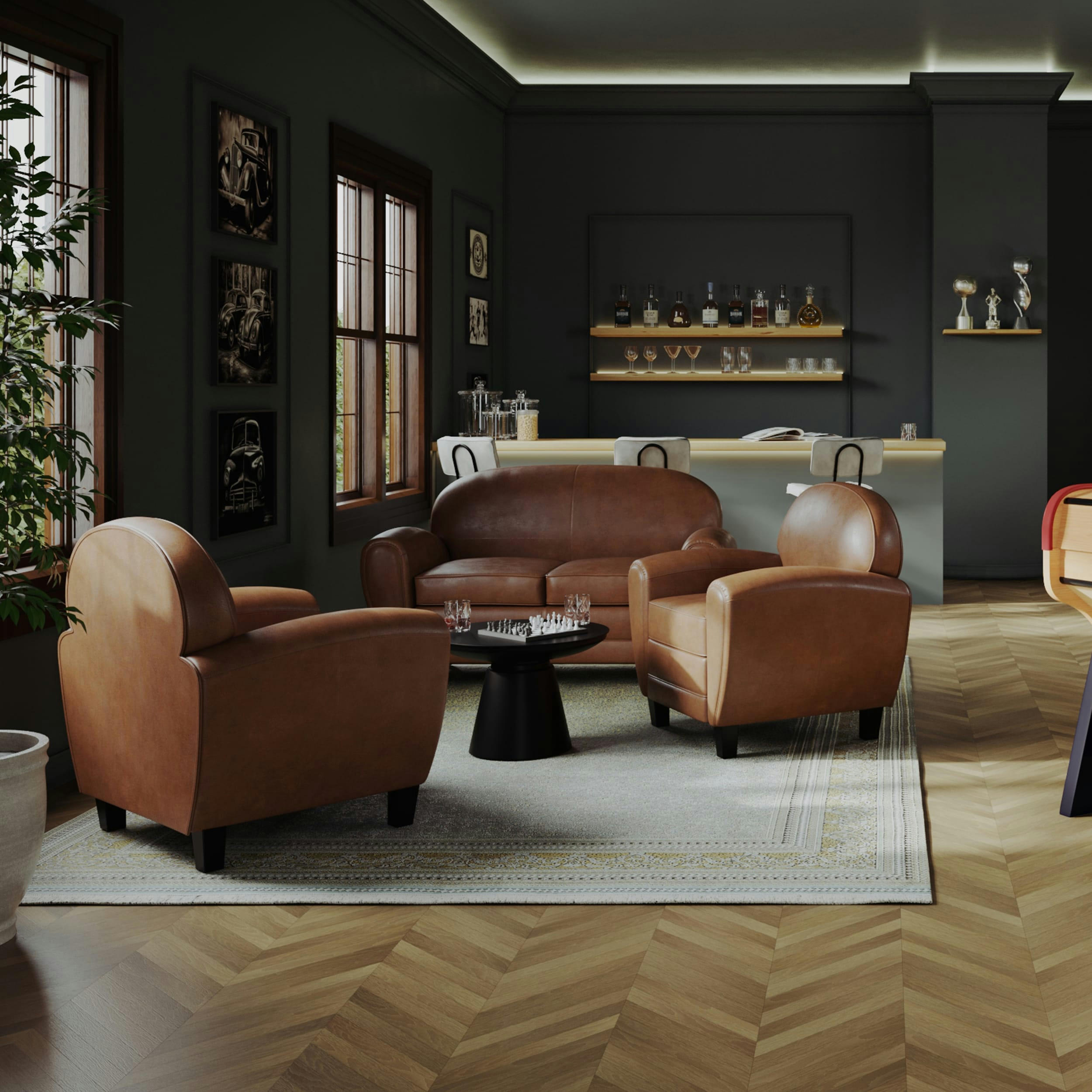 CLUB - Fauteuil camel en croute de cuir enduite