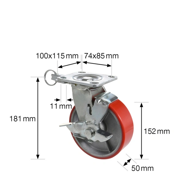 Bockrolle, silberfarben/rot, BxH: 50 x 181 mm, max. Tragfähigkeit: 400 kg