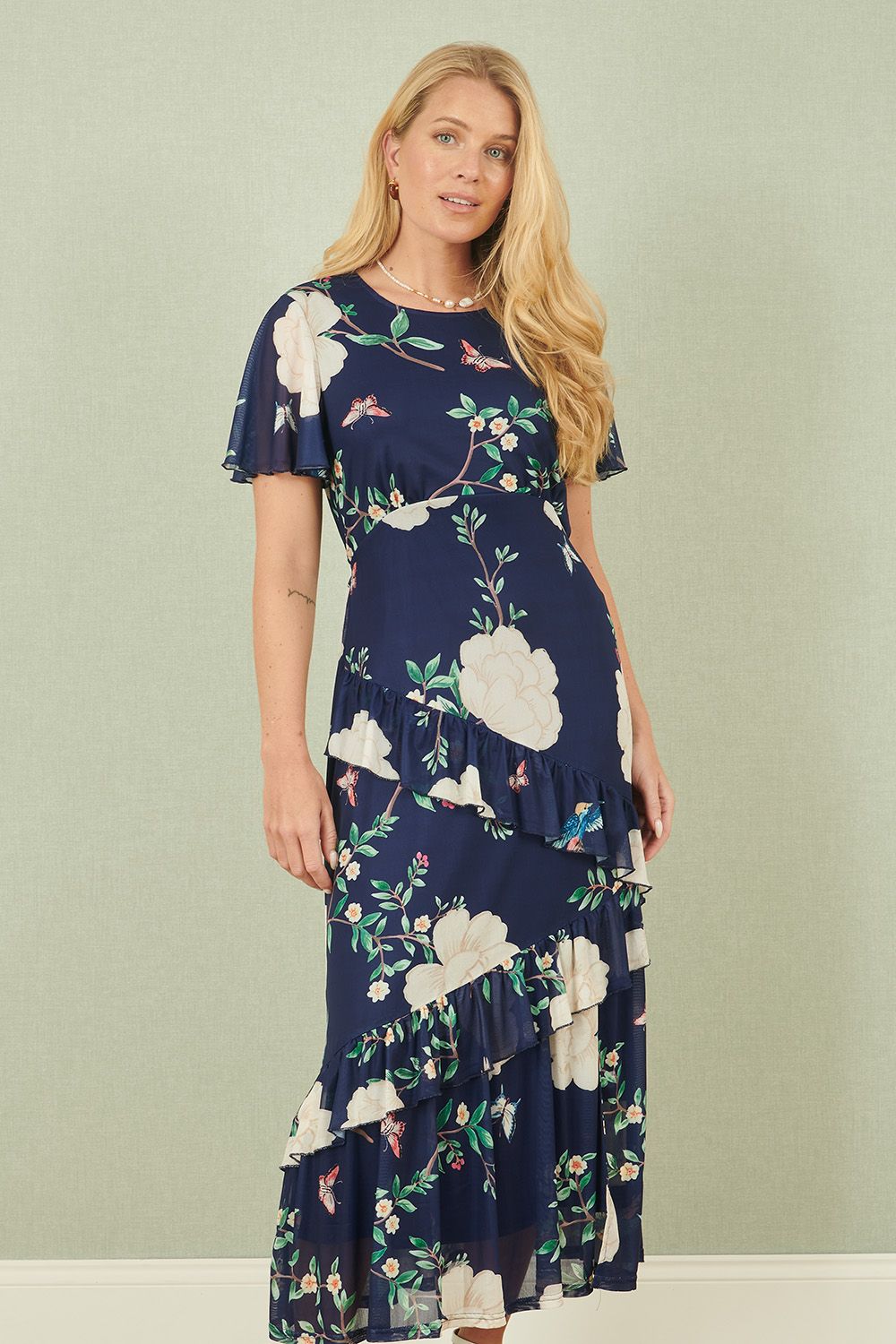 Yumi Yumi Navy Mesh Bird And Floral Print Midi Dress With Ruffles