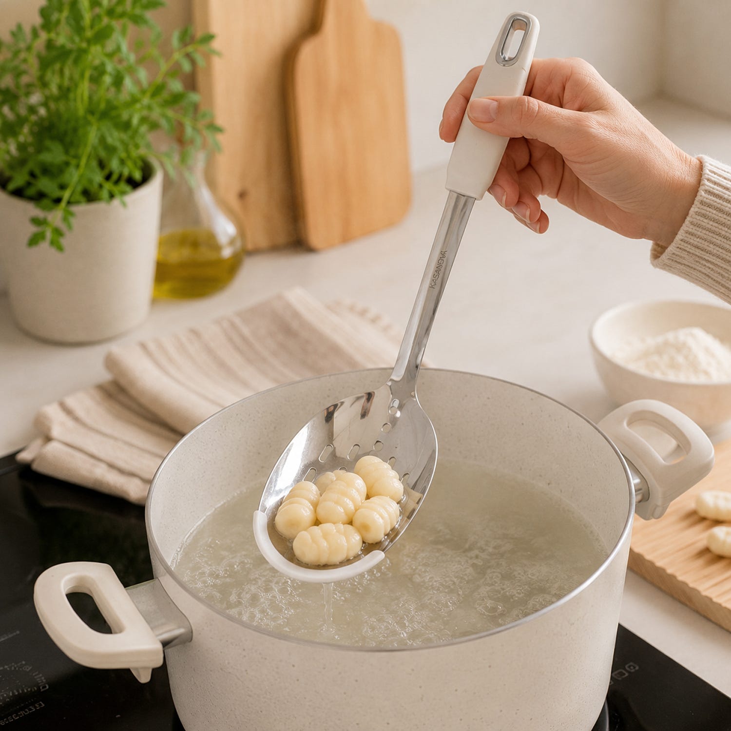 Cucchiaione forato acciaio inox bianco con bordo silicone