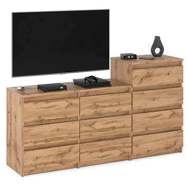Grande commode avec10 tiroirs Chêne Wotan 160 cm - meuble TV, buffet, armoire pour salon