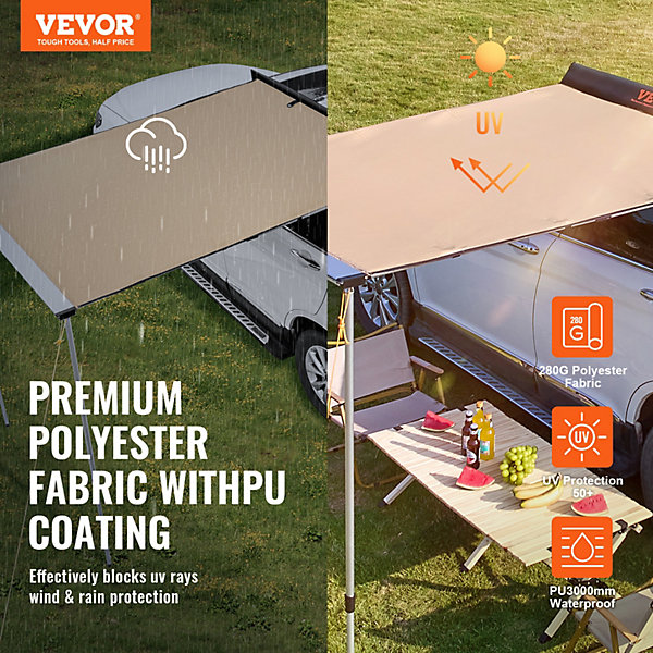 Auvent voiture rétractable 2x2.5m, PU3000mm UV50 , résistant soleil/eau/vent, pour camping-cars.