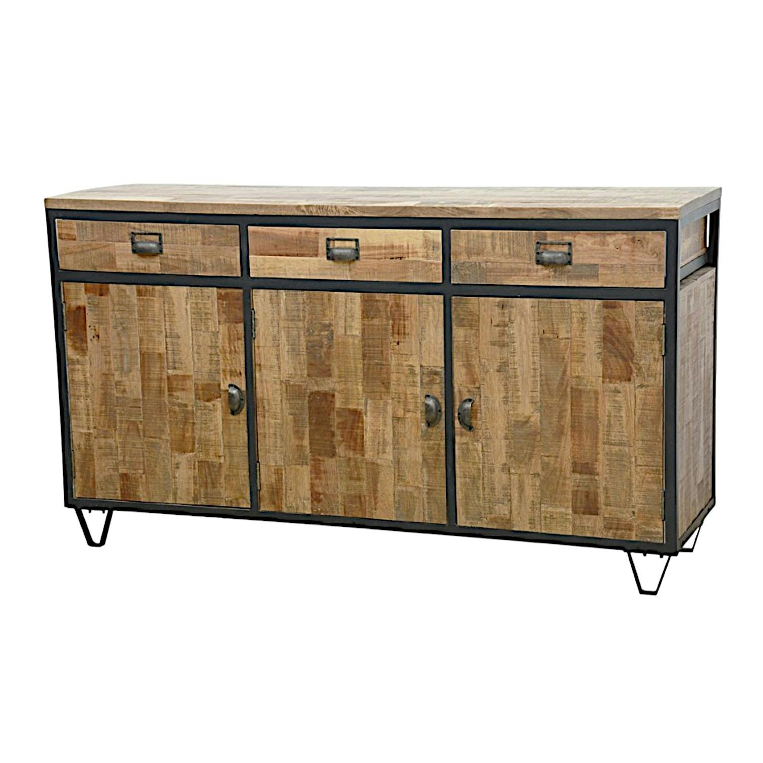 Buffet 3 portes, 3 tiroirs en Hévéa recyclé naturel et métal 150x45x85cm LOFT