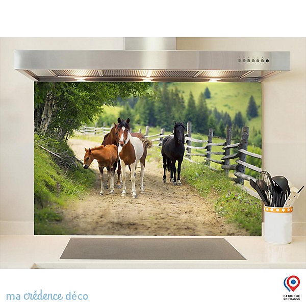 Crédence cuisine fond de hotte Chevaux et campagne - Verre trempé - L 90 cm x H 50 cm - MaCrédenceDéco