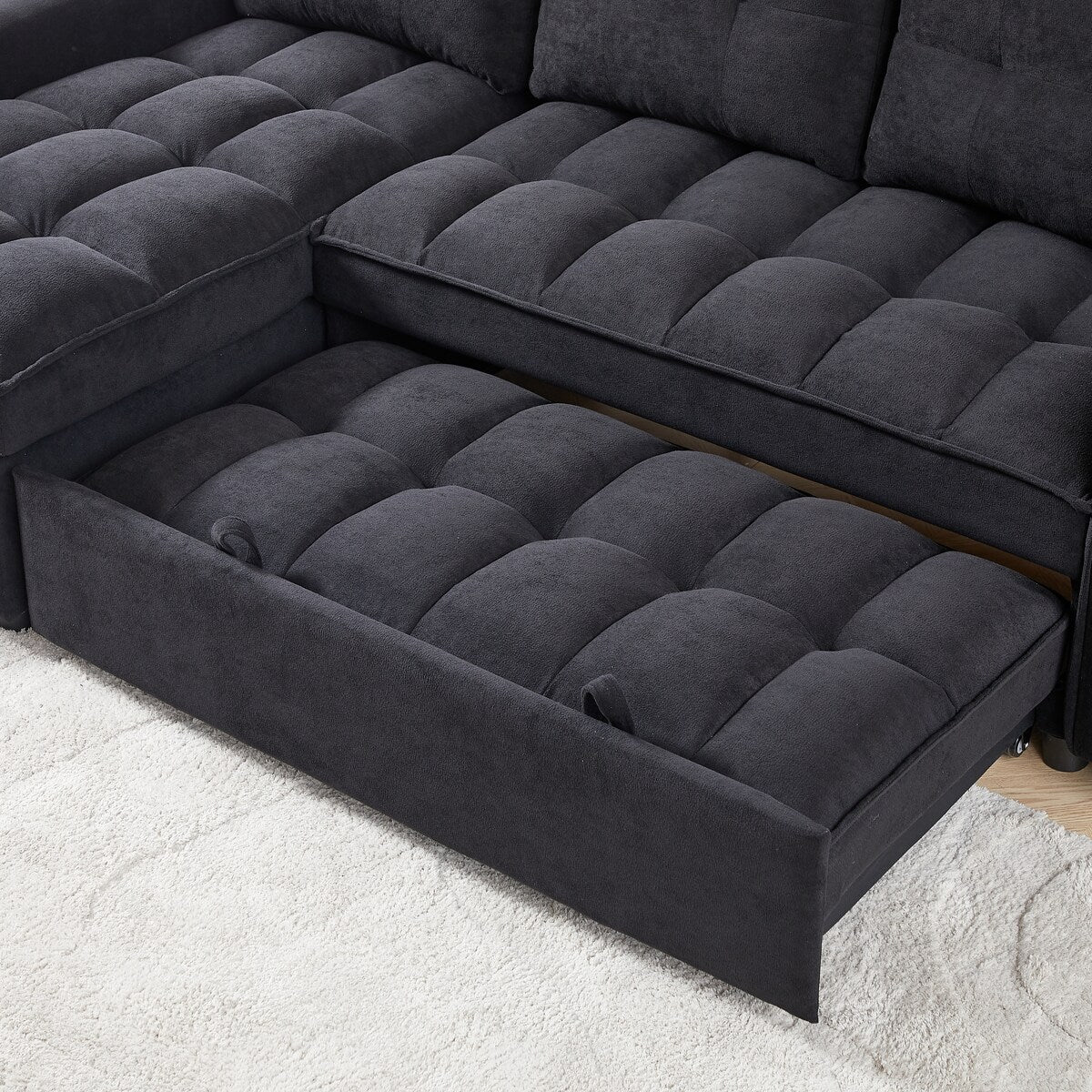 L-Shaped Pull-Out Sectional Sofa Bed with Storage,USB and Tape-c,Black