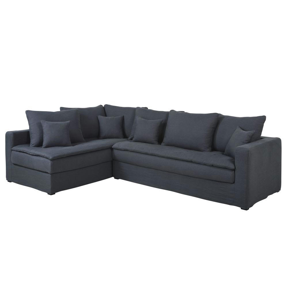 Célestin - Canapé d'angle gauche 5 places en lin gris anthracite