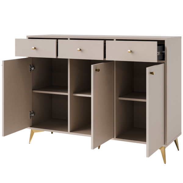 KONSIMO FLOREN Szeroka komoda 124 cm do salonu na złotych nóżkach