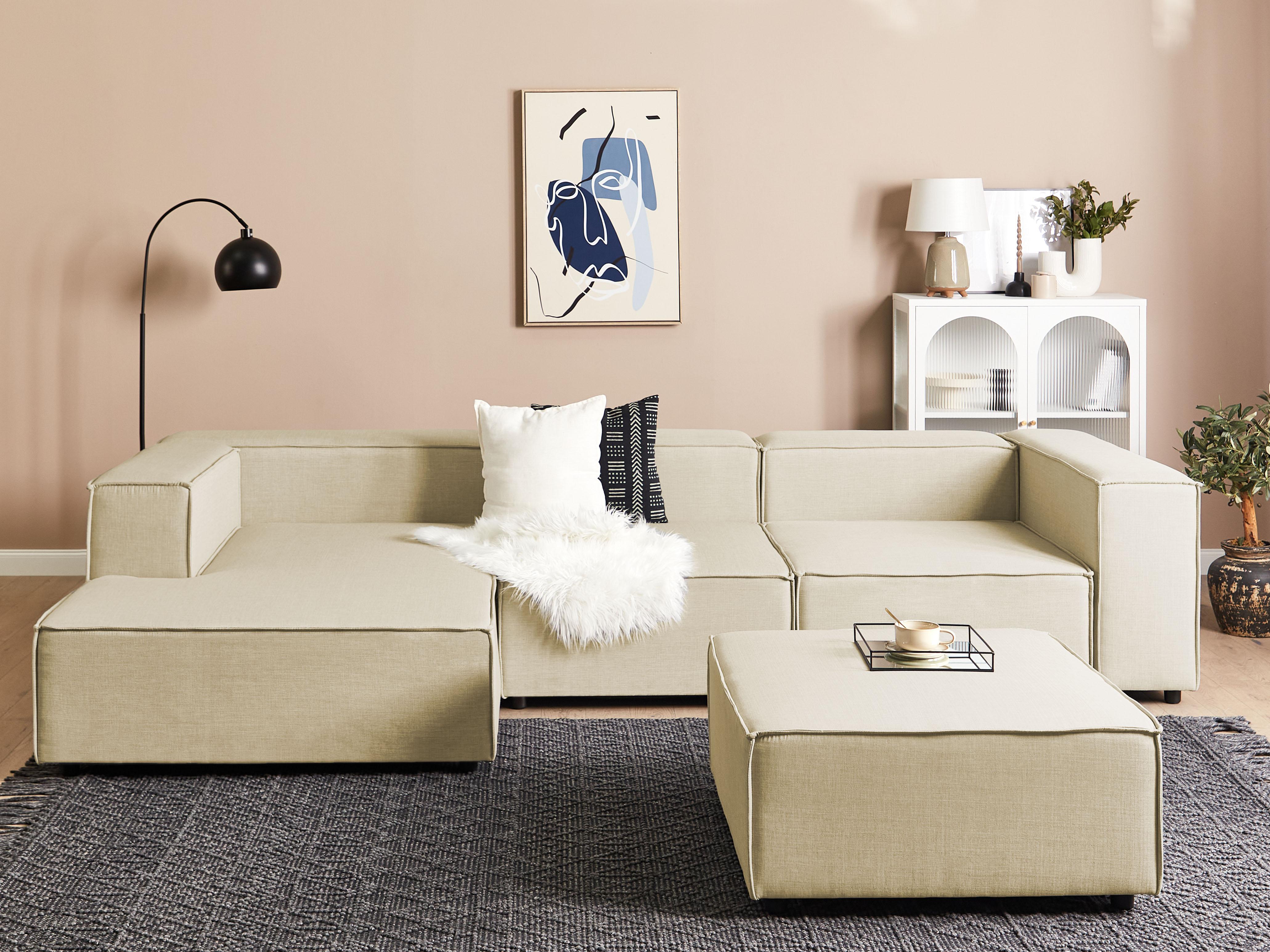 Modular Corner Sofa 3 Seater APRICA Faux Linen Beige with Ottoman Right Hand