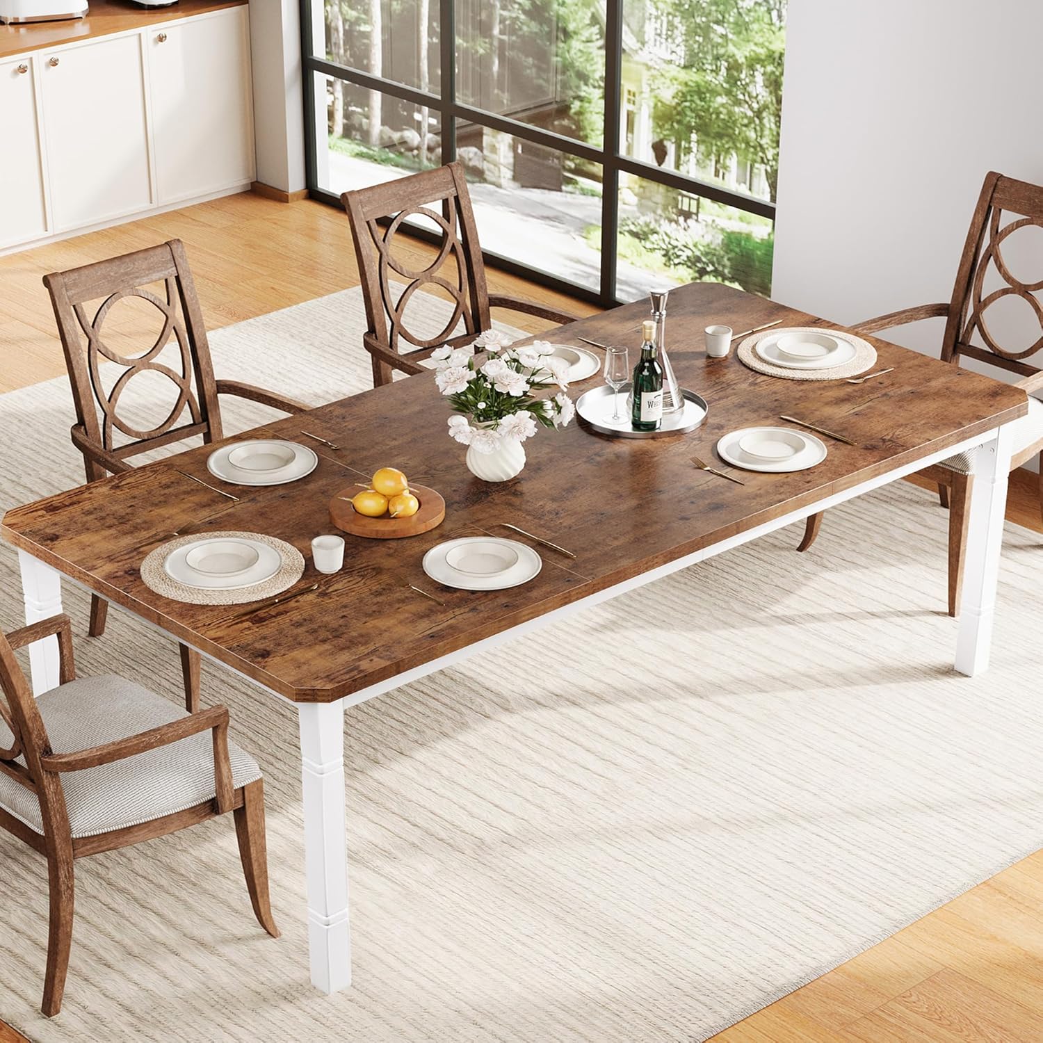 Garvee Large Dining Table for 6-8 People, 79 Wooden Kitchen Table with Sturdy Metal Frame, Dining Room Table for Dining Room, Kitchen, White Leg & Retro
