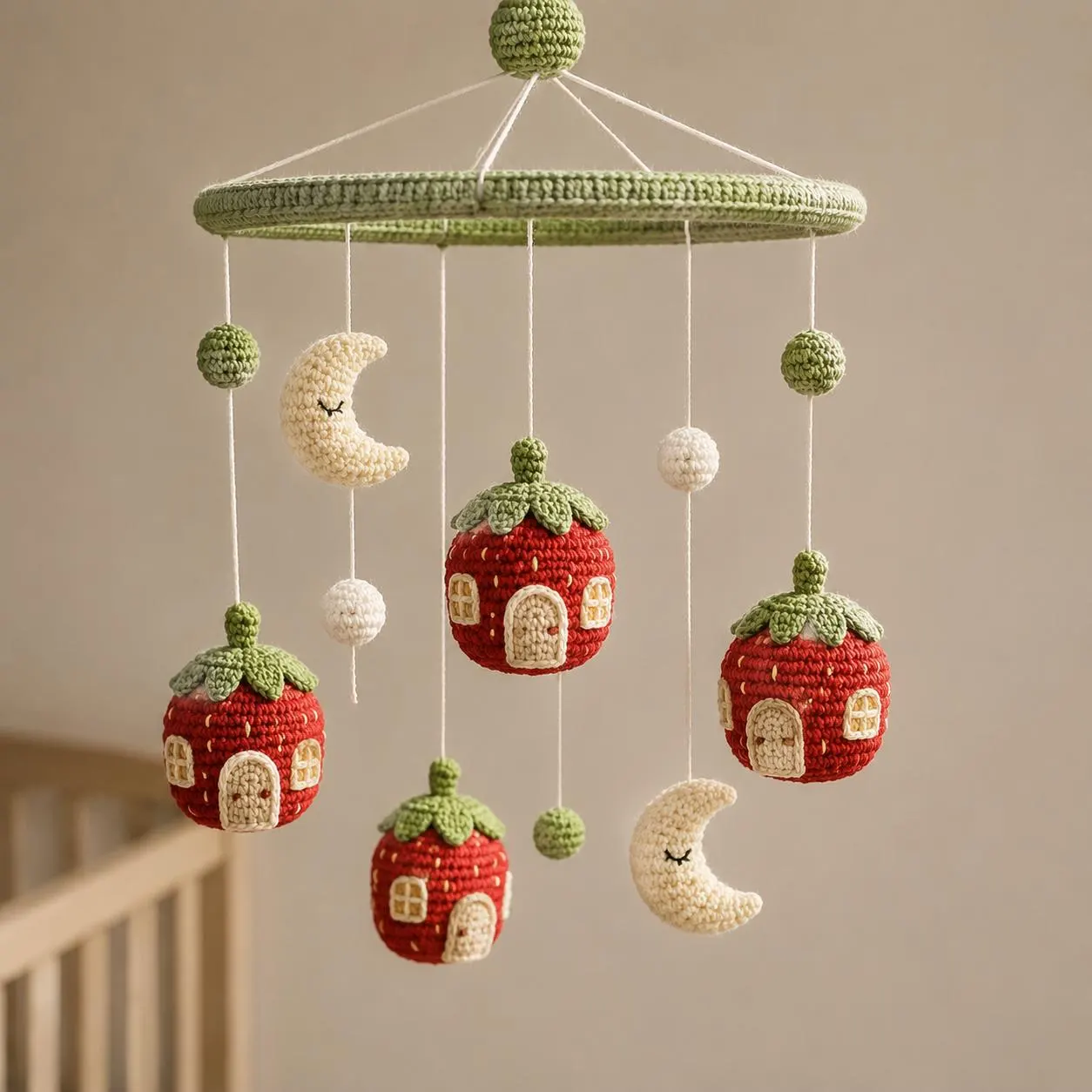 Stitch Berry House Hanging - Moonlit Strawberry Cottages Mobile for Whimsical Nursery Ceiling Art