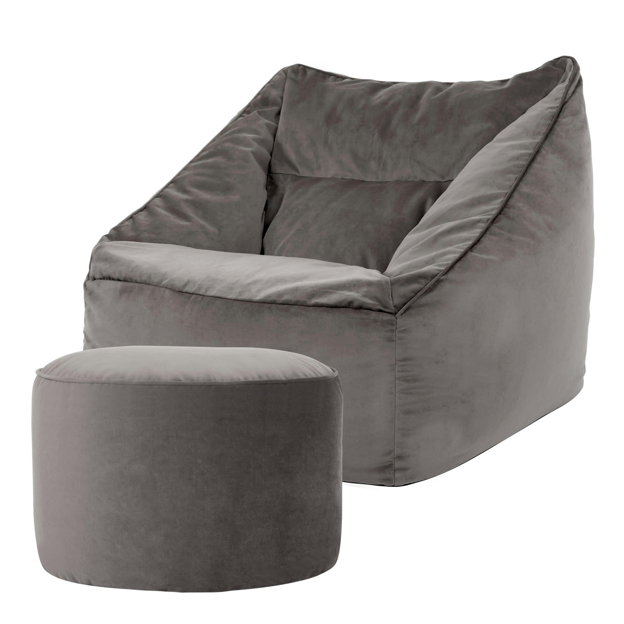 NATALIA - Pouf fauteuil avec repose-pied rond velours gris anthracite