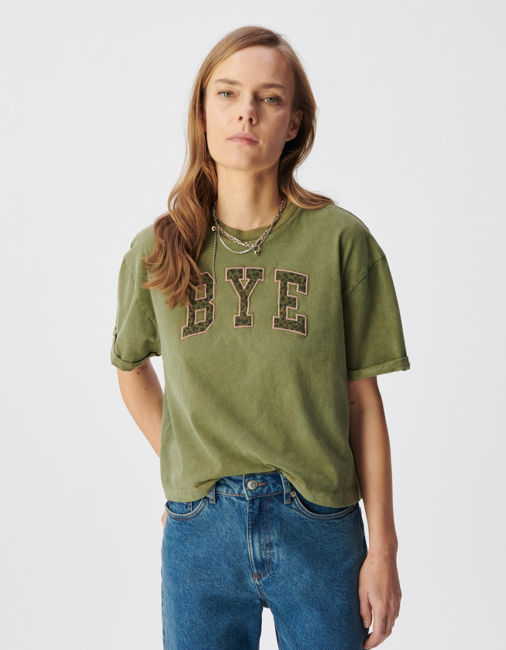 Tee-shirt kaki coton bio message léopard brodé Femme