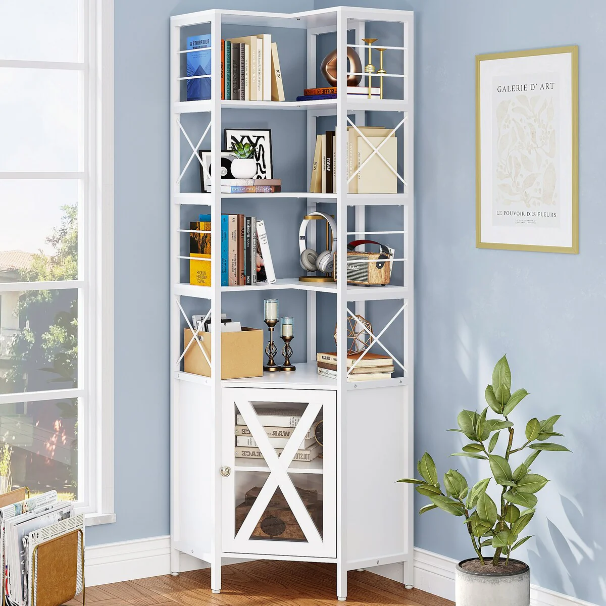 Moasis 78 Tall Corner Bookshelf Display 4 Shelves Storage Bookcase with Cabinet