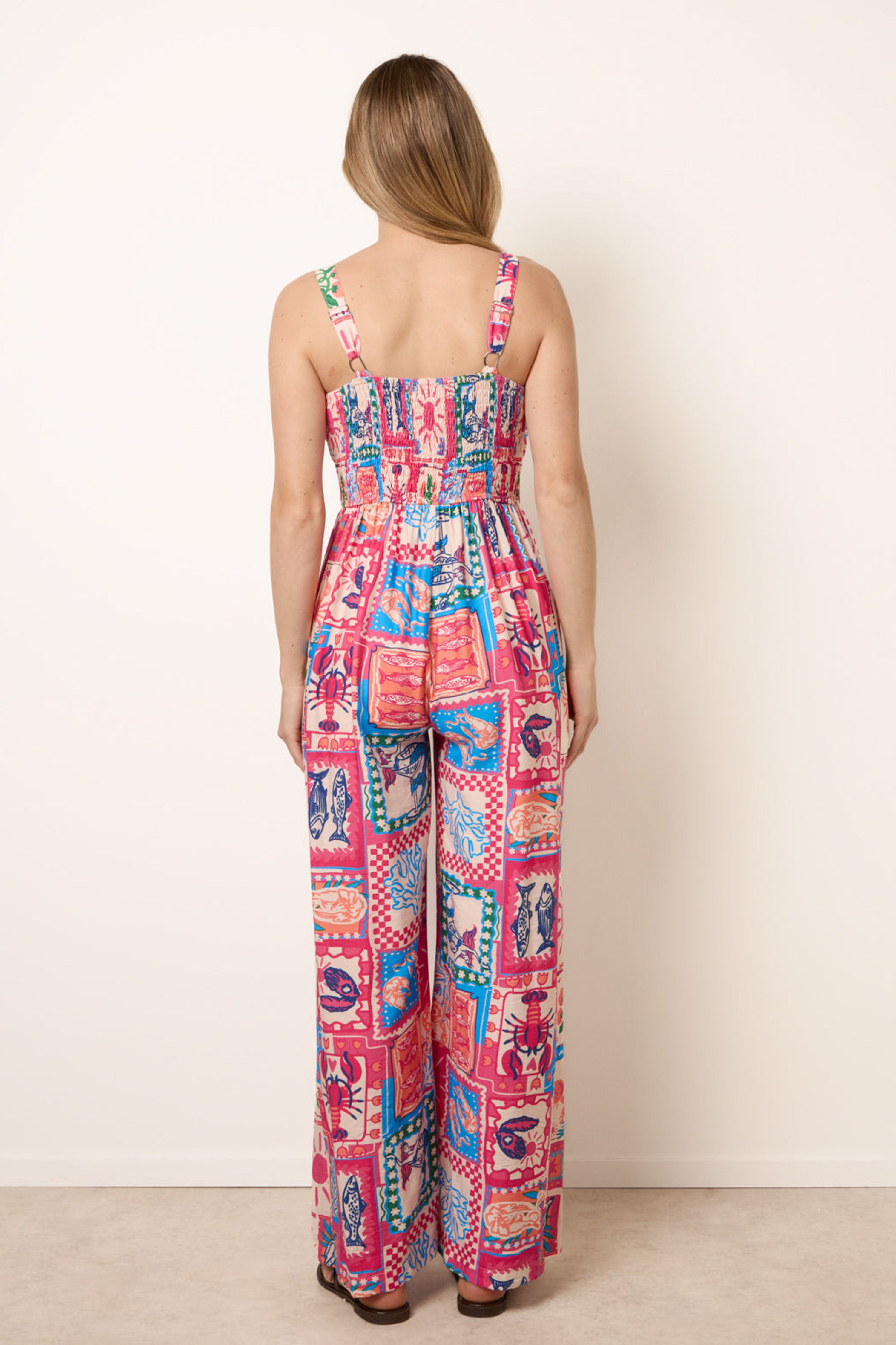 Blue Vanilla Pink Tie Front Jumpsuit In Postcard Print