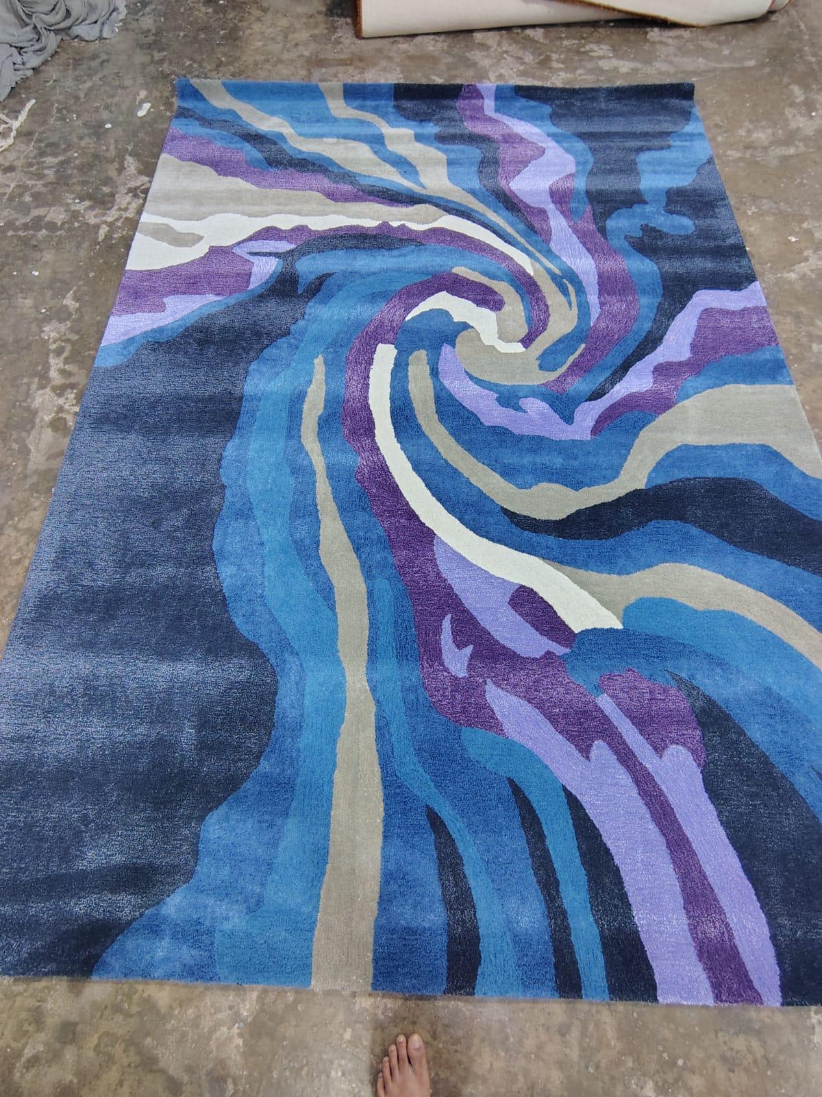 Blue Purple Swirl Wool Rug, Hand Tufted Abstract Carpet, Modern Statement Area Rug