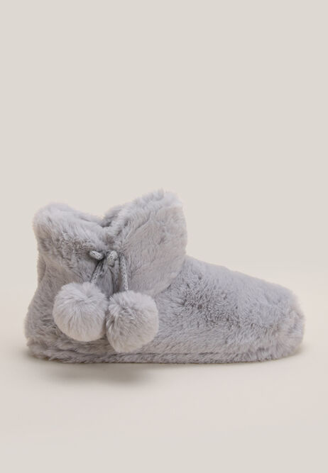 Womens Grey Faux Fur Pom Pom Slipper Boots