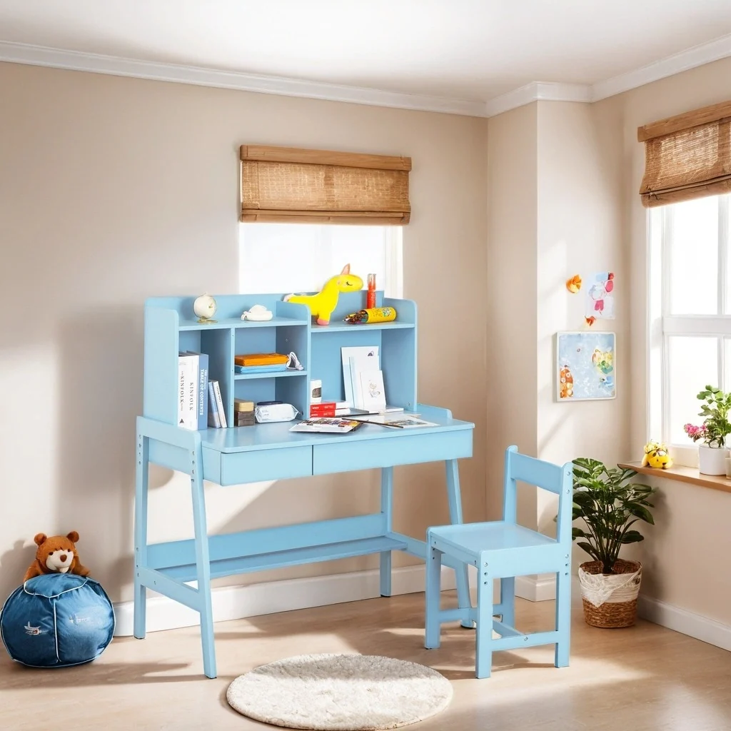 Solid Wood Classic Children's Desk and Chair Set, Blue, with Bookshelf and Drawers, Compact Multi-Storage, Safe Design