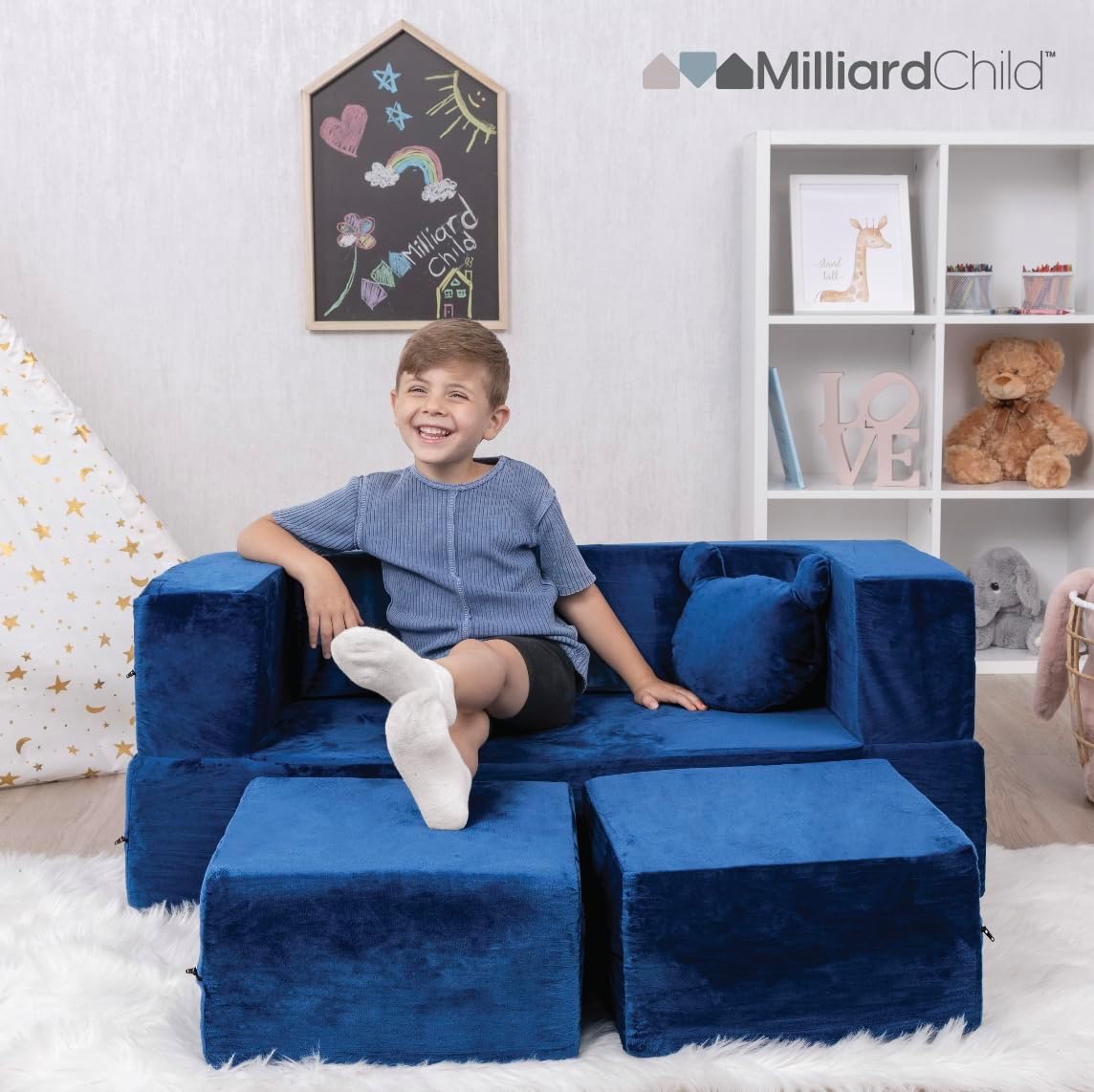 Milliard Kids Couch - Modular Kids Sofa for Toddler and Baby Playroom/Bedroom Furniture (Navy Blue) with Bonus Pillow